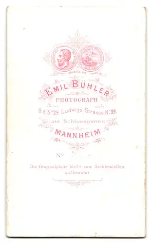 Fotografie Emil Bühler, Mannheim, Ludwigsstrasse 29, Portrait stattlicher Mann mit Schnurrbart im Jackett