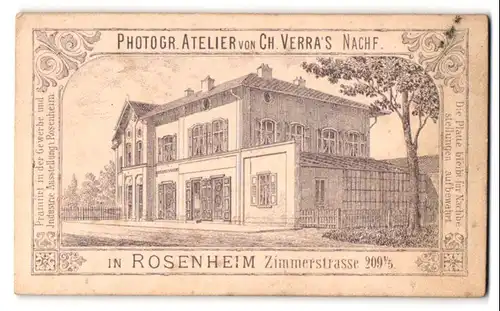Fotografie Ch. Verra`s Nachf., Rosenheim, Zimmerstr. 209, Partie am Ateliersgebäude des Fotografen