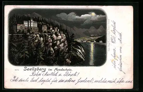 Mondschein-Lithographie Seelisberg, Totalansicht mit Hotelanlage im Vollmondlicht