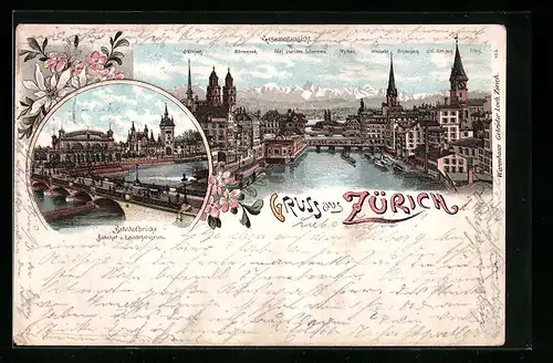 Lithographie Zürich, Gesamtansicht, Bahnhofsbrücke, Mythen