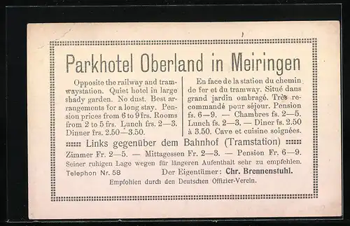 Lithographie Meiringen, Park-Hotel Oberland