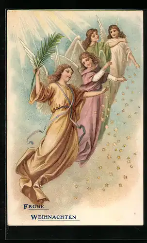 Präge-AK Weihnachtsengel mit Palmenblatt und Sternen am Himmel