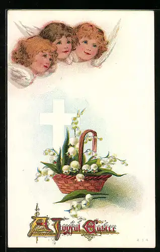 AK Osterengel mit Korb voller Maiglöckchen