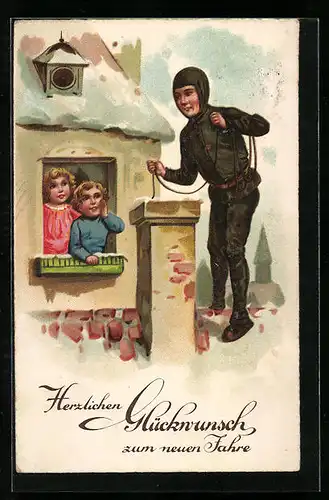 AK Schornsteinfeger im Winter wird bei der Arbeit von Kindern beobachtet