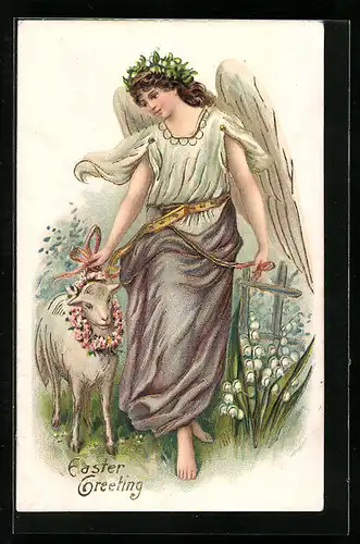AK Osterengel mit geschmücktem Lamm