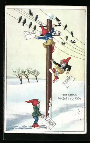 AK Zwerge auf Telegraphenmast, Neujahrsgrüsse