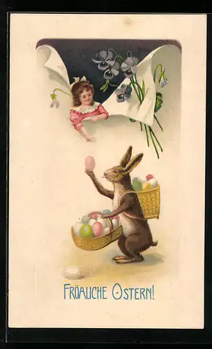 Präge-AK Fröhliche Ostern, Osterhase mit bunten Eiern