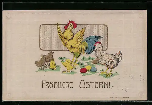 AK Hahn und Henne mit Osterküken