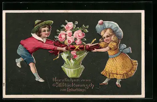 AK Kinder mit Geschenk zum Geburtstag