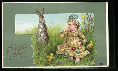 AK Osterhase und Kind im Grünen