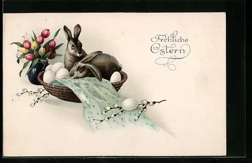 AK Osterhasen im Korb voller Ostereier