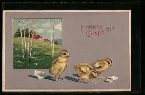 AK Geschlüpfte Osterküken, Idyllische Landschaft