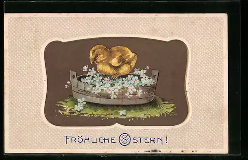 AK Osterküken im Fass mit Vergissmeinnicht