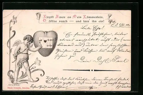 AK Amor mit Pfeil und Bogen klopft an Herz