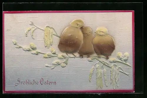 AK Osterküken auf Palmkätzchenzweig