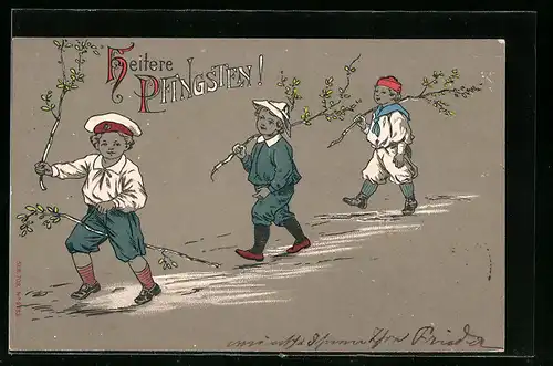 AK Kinder mit Zweigen zu Pfingsten