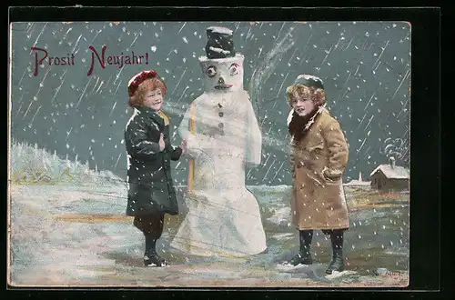 AK Kinder neben einem Schneemann