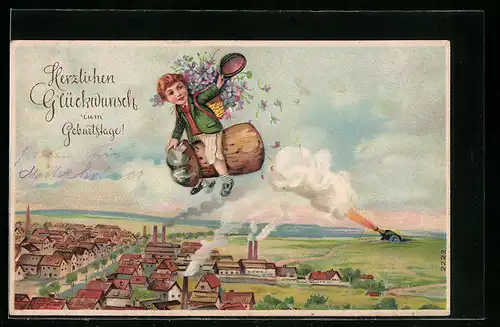 AK Knabe fliegt mit Korken über Stadt, Geburtstag
