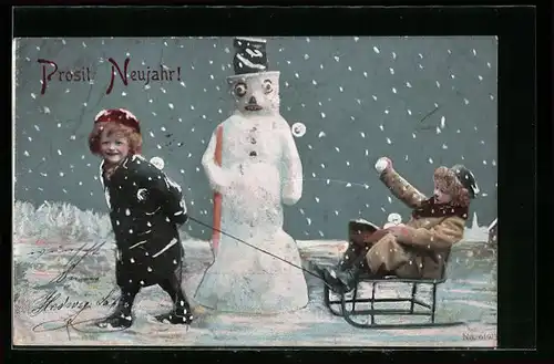 AK Kind auf Schlitten bewirft Schneemann mit Schneebällen