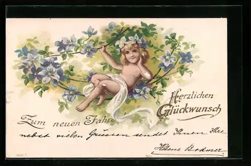 AK Knabe mit Blüten zum neuen Jahre