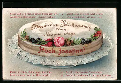 Präge-AK Glückwünsche zum Namenstag, Hoch Josefine, Kuchen