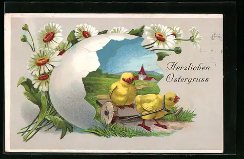 AK Osterküken ziehen Karren