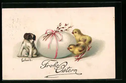 AK Osterküken und Hund neben einem Osterei