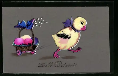 AK Osterküken zieht einen Korb mit Ostereiern