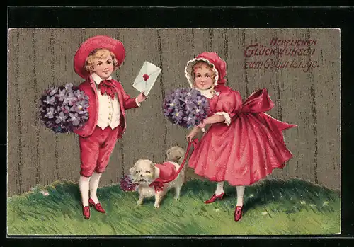 AK Kinder mit Blumenstrauss zum Geburtstag