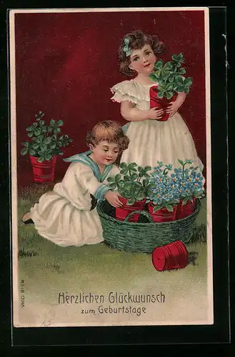 AK Kinder mit Klee und Vergissmeinnicht