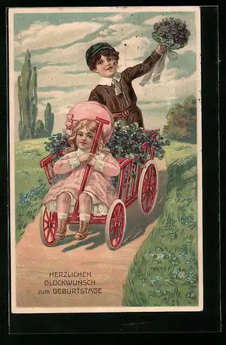 Präge-AK Kinder mit Blumen zum Geburtstag