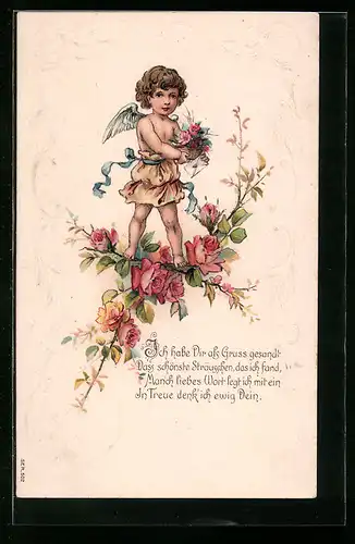 AK Engel mit Brief und Blumenkorb