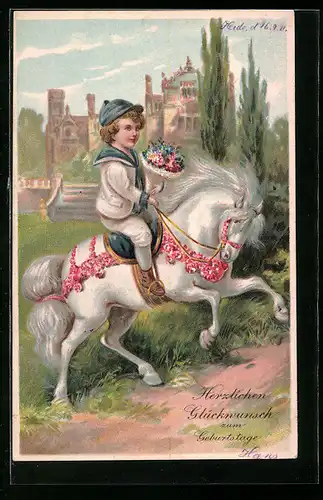 AK Knabe mit Blumen auf einem Schimmel zum Geburtstag