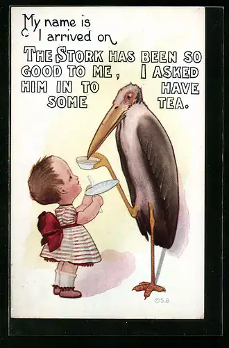 AK Storch mit Teetasse, Glückwunsch zur Geburt