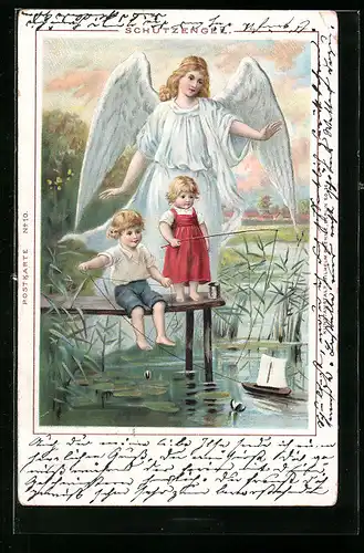 Lithographie Schutzengel behütet Kinder am See