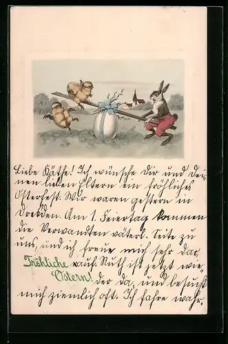 AK Osterhase und Osterküken auf der Wippe