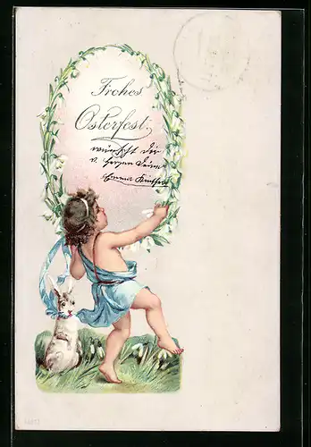 AK Osterhase beobachtet Kind mit Blütenkranz