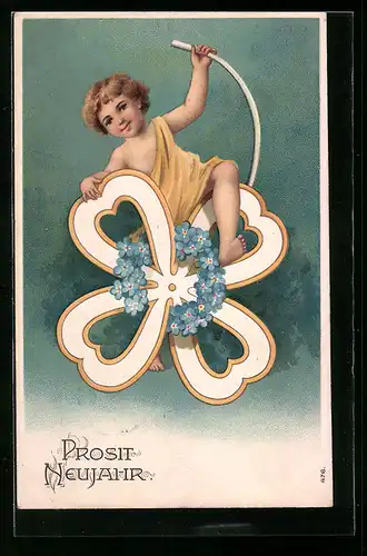 AK Kleiner Junge auf Kleeblatt-Motiv, Prosit Neujahr