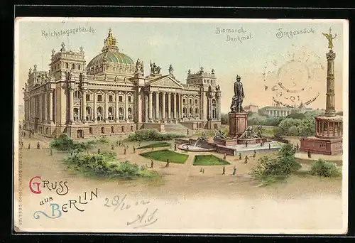 Lithographie Berlin, Reichstagsgebäude mit Bismarck-Denkmal und Siegessäule, Halt gegen das Licht