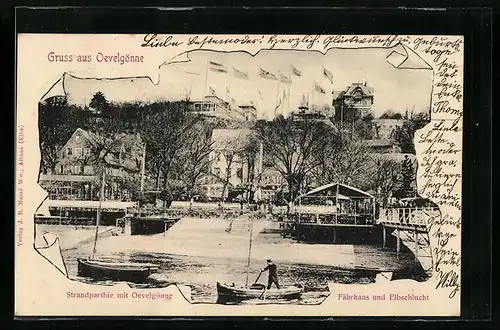 Passepartout-AK Oevelgönne, Strandpartie mit Oevelgönne, Fährhaus und Elbschlucht