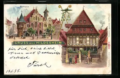 Lithographie Hildesheim, Rathaus & Weinhandlung zur Dornschenke