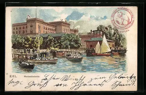 Lithographie Kiel, Marineakademie mit Wassermanöver