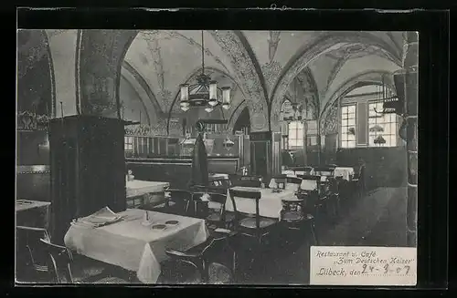 AK Lübeck, Restaurant-Cafe zum Deutschen Kaiser, Innenansicht