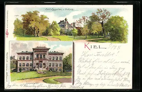 Lithographie Kiel, Schlossgarten und Schloss, Universität