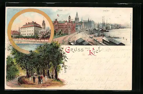 Lithographie Kiel, Düsternbroker Allee, Hafenpartie, Schloss