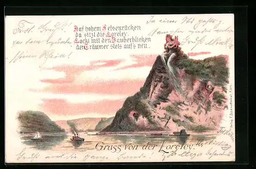 Lithographie Auf dem Felsen sitzende Loreley mit Blick auf den Rhein