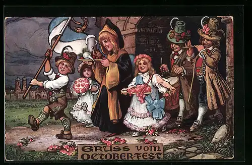 Künstler-AK München, Münchner Kindl mit Bierkrug und Rettich