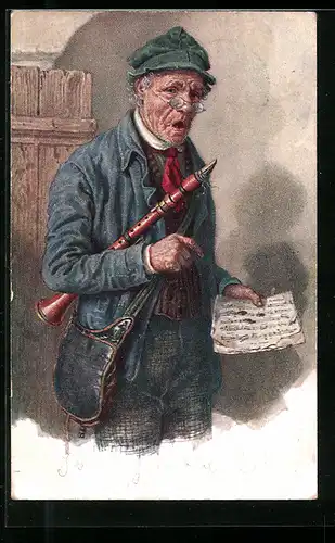 AK alter Musikant mit Oboe und Notenblatt
