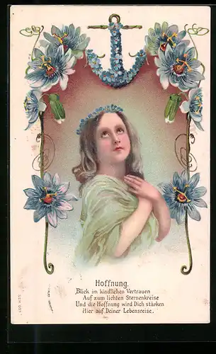Präge-AK Hoffnung, Junges Mädchen, Blumenanker, Blaue Blumen