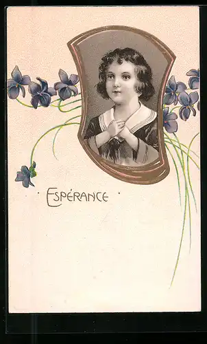 Präge-AK Espérance, Betender Knabe, Blumen